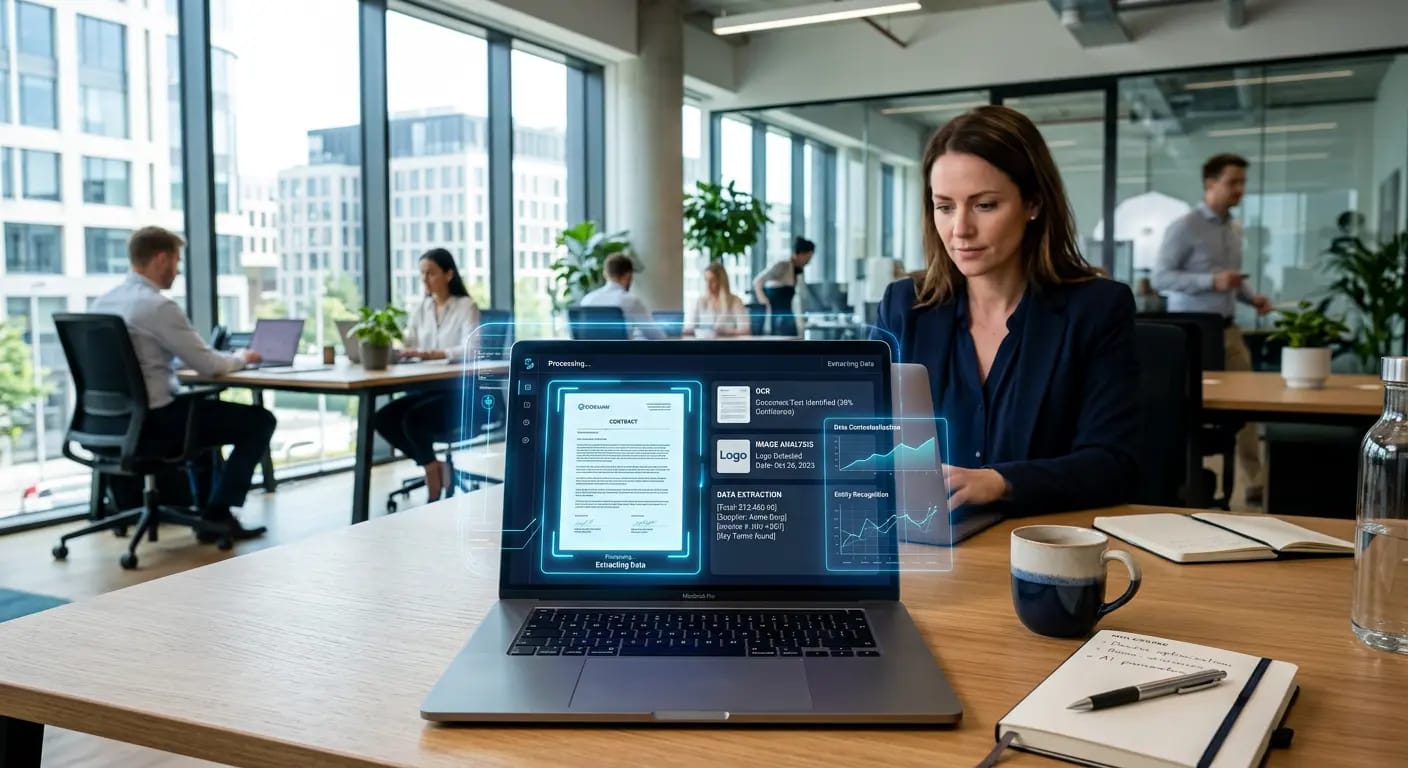In einem Büro steht ein Laptop auf dem Schreibtisch. Auf dem Bildschirm sieht man eine digitale Darstellung eines Vertrags und von Diagrammen.