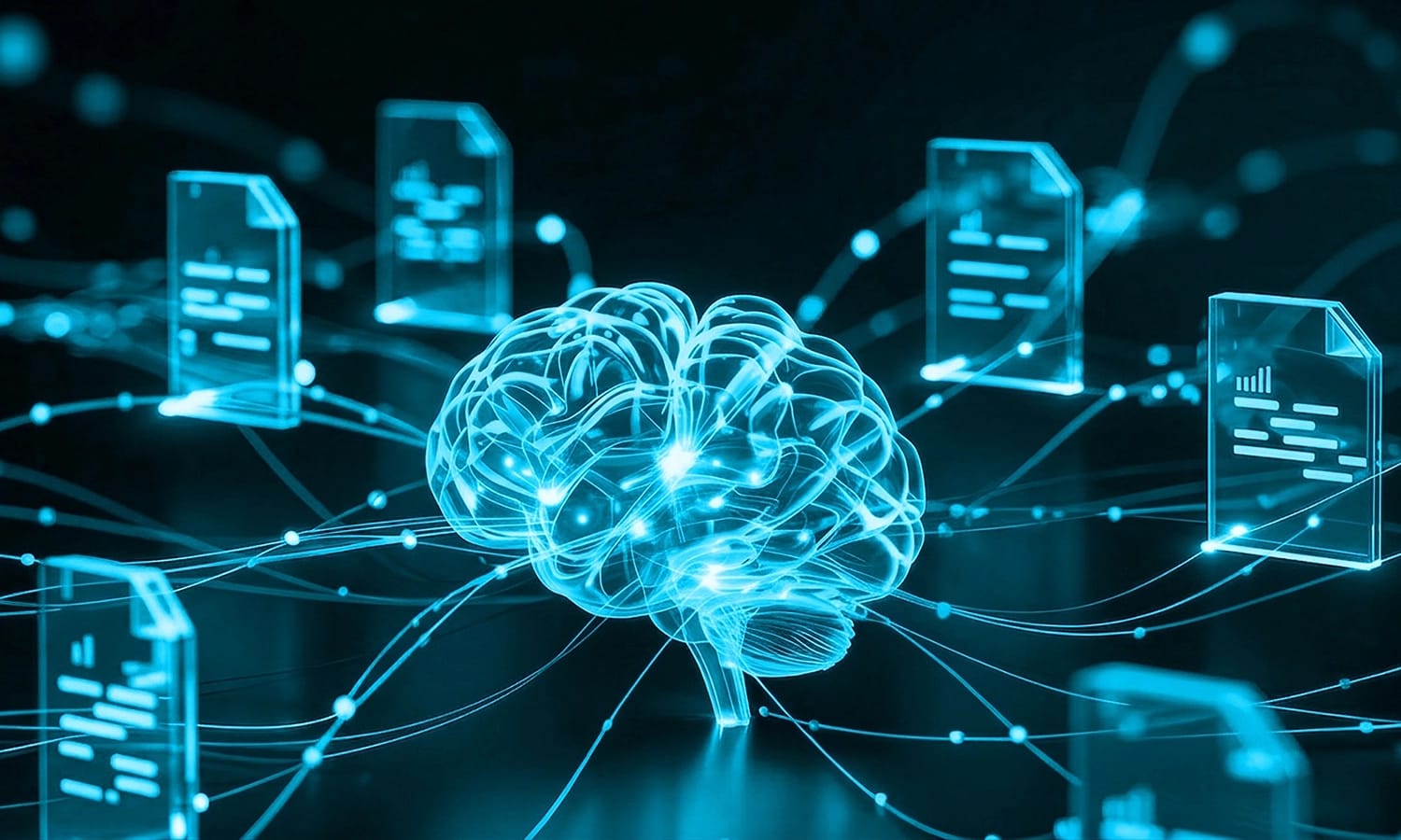 Digitale Darstellung eines mit Dokumenten vernetzten Gehirns.