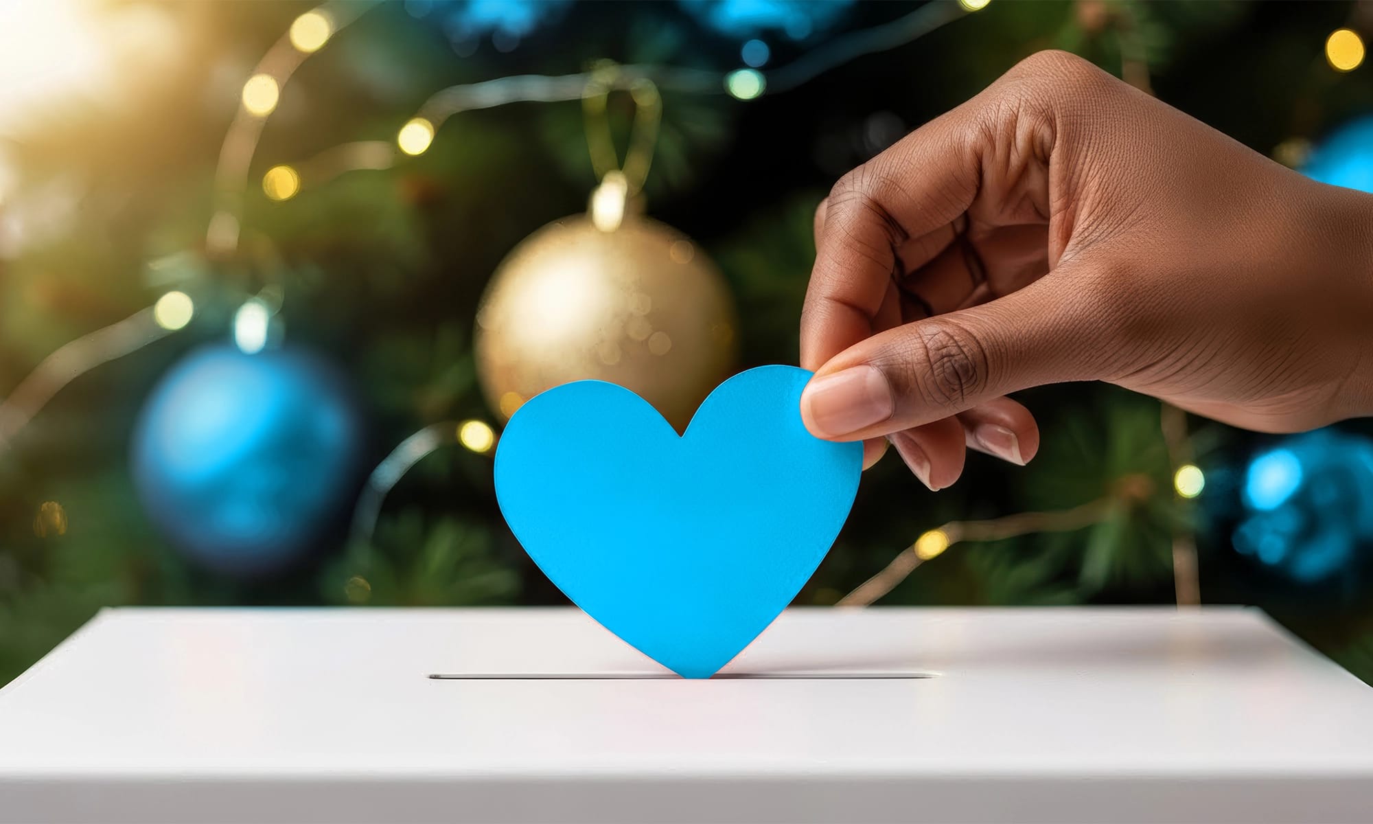 Eine Hand steckt ein blaues Herz in eine Spendenbox. Im Hintergrund ist ein Weihnachtsbaum.