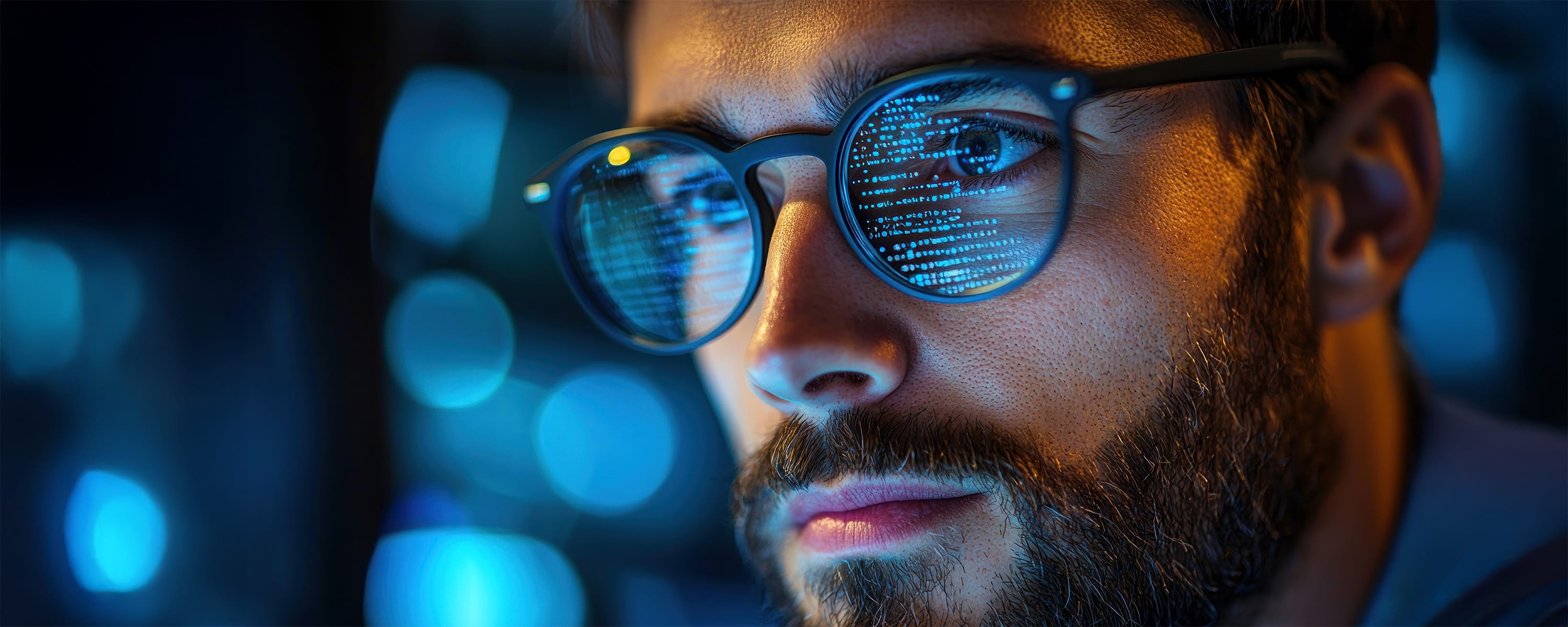 Ein Mann schaut auf einen Bildschirm. In seiner Brille spiegeln sich Codes.